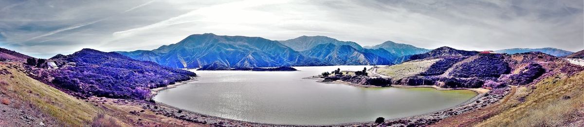 Panoramic view of snowcapped mountains against cloudy sky