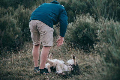 Owner playing with dog in grassy outdoor