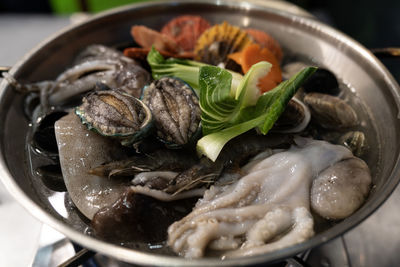 View of the seafood stew before boiling