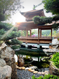 Gazebo by lake in temple against building