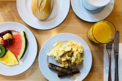 High angle view of breakfast served on table