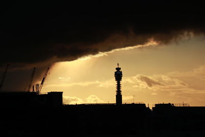 Low angle view of silhouette buildings against sky during sunset