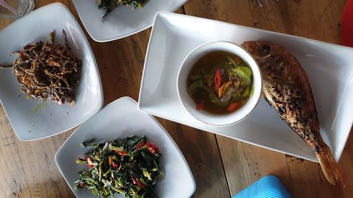 High angle view of meal served on table