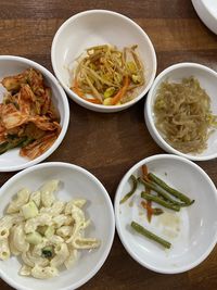 High angle view of food served on table