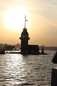 Silhouette lighthouse by sea against sky during sunset