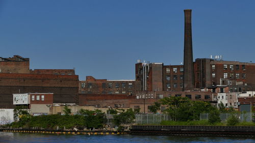 Buildings by river against clear blue sky