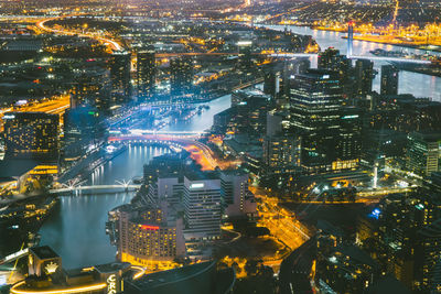 High angle view of illuminated city at night