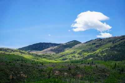 Scenic view of land and mountains against sky