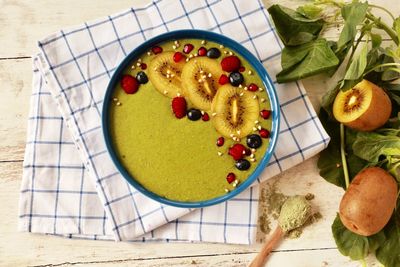 High angle view of breakfast served on table