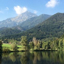 Scenic view of lake and mountains against sky