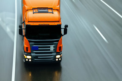 High angle view of truck moving on road