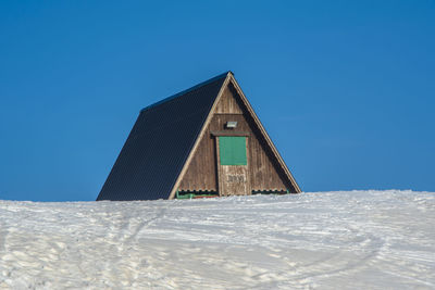 Low angle view of building against clear blue sky