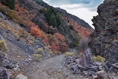 Scenic view of stream amidst rocks against sky