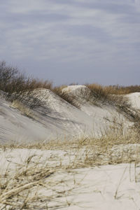 Scenic view of beach against sky during winter