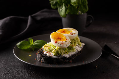 Breakfast with avocado toast with eggs on a plate