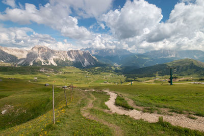 Scenic view of sella group mountains with dandelion in the foreground against sky