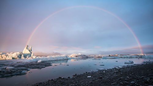 Scenic view of rainbow over landscape