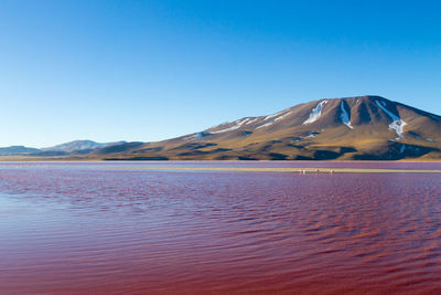 Scenic view of lake and mountains against clear blue sky