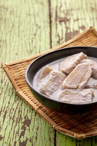 High angle view of food in plate on table