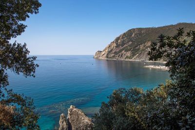 Scenic view of sea against clear blue sky