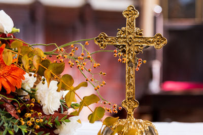 Close-up of angel statue against white wall of building