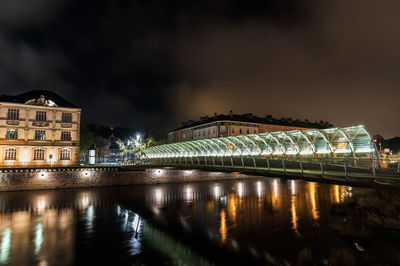 Illuminated bridge over river at night