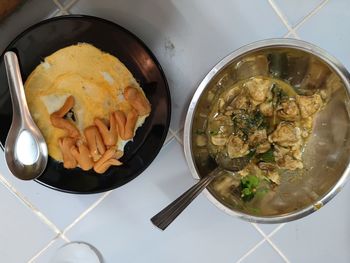 High angle view of soup in bowl on table