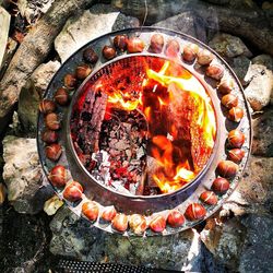 High angle view of food on barbecue grill