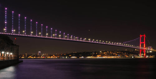 Illuminated bridge over river at night