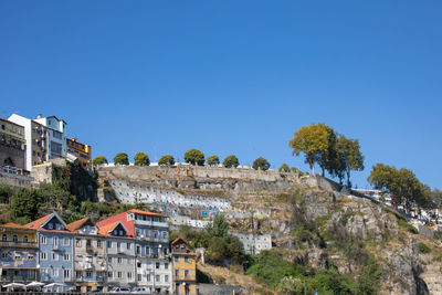 Buildings in town against clear blue sky