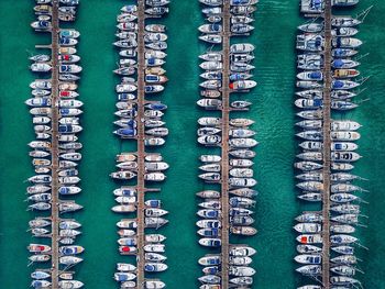 High angle view of boats in harbor