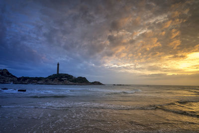 Scenic view of beach against cloudy sky