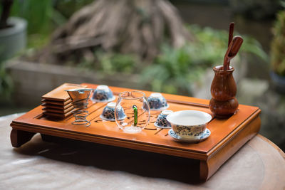 Tea set on a wooden table in china
