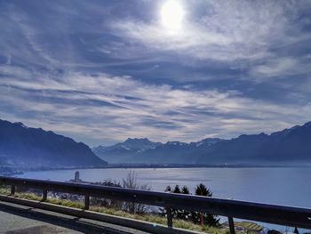 Scenic view of lake by mountains against sky