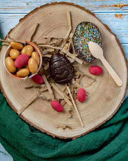 High angle view of fruits in basket on table