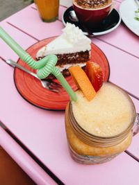 High angle view of cake in plate on table