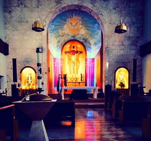 indoors, architecture, arch, built structure, place of worship, religion, church, spirituality, illuminated, lighting equipment, chair, empty, door, interior, ceiling, absence, day, electric lamp