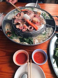 High angle view of food in plate on table