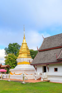 Low angle view of pagoda against sky