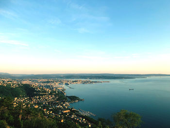 High angle view of bay against sky