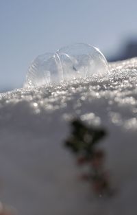 Close-up of frozen water against sky