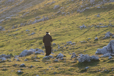 Rear view of man with dog on land