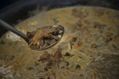 High angle view of food in cooking pan