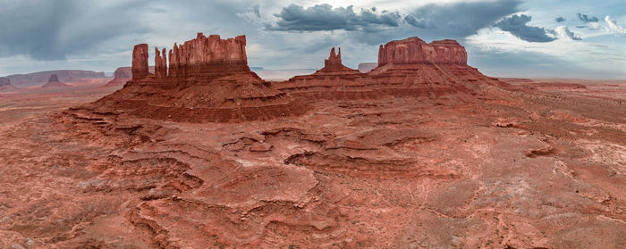 Aerial view of the rock formations in the monument valley.