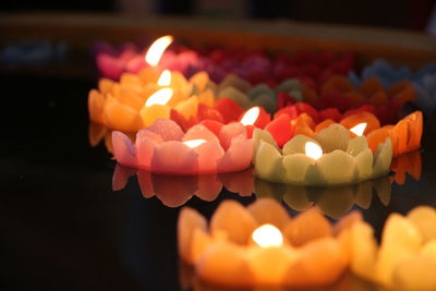 Close-up of illuminated candles on table