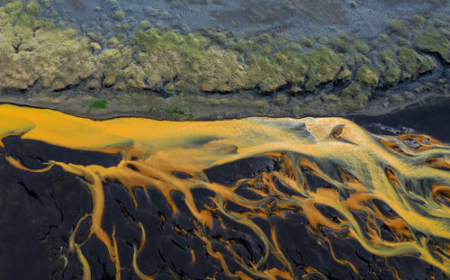 Colorful glacier rivers on the south coast of iceland with black sand