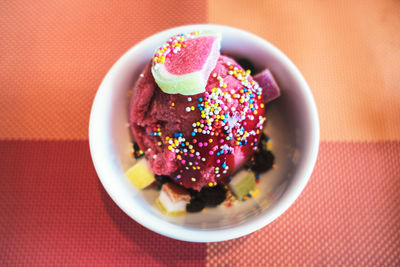 Close-up of dessert served on table