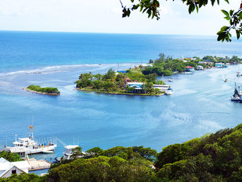 High angle view of sea and trees against sky