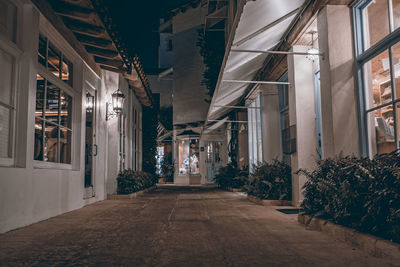 Alley amidst houses at night