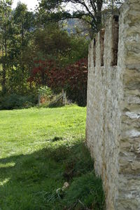 View of stone wall on field